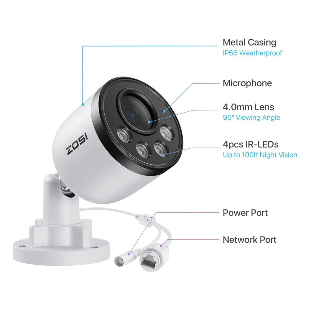 ZOSI ZG1804E 4MP PoE-ekstra-sikkerhedskamera, kompatibelt med Zosi PoE NVR, 2.5K Super HD, 100 fods nattesyn, IP66-vandtæt smart IP-kamera med persondetektering til udendørs- og indendørs overvågning