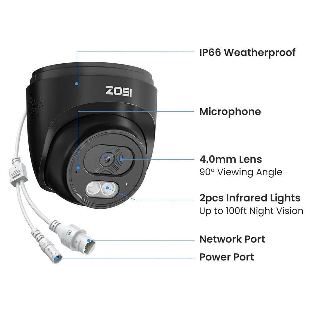 ZOSI C220 4MP 2.5K utomhus PoE säkerhetskamera kompatibel med Zosi PoE NVR 100ft mörkerseende AI människodetektering tvåvägs ljud IP-kamera