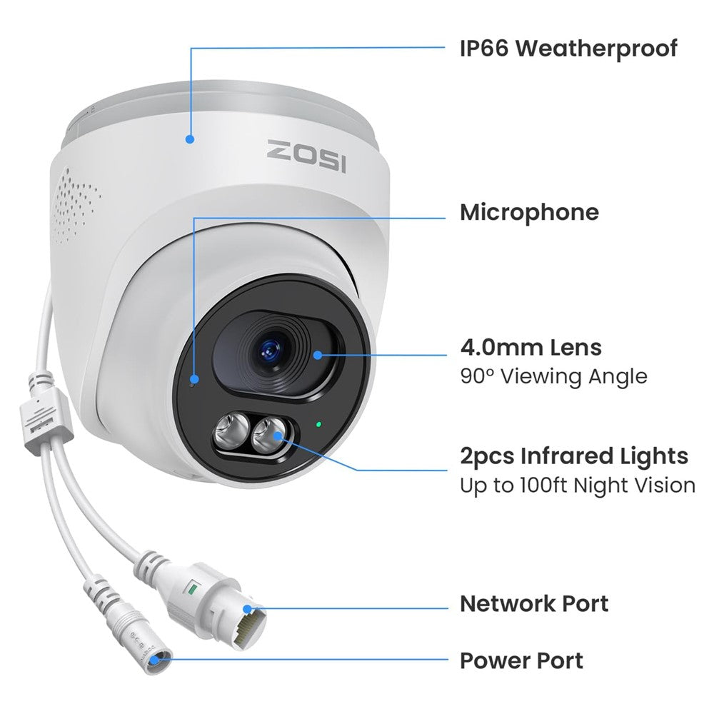 ZOSI C220 2Pcs 4MP QHD 2.5K Security Camera 100ft Night Vision AI Human Detection Outdoor PoE IP Camera
