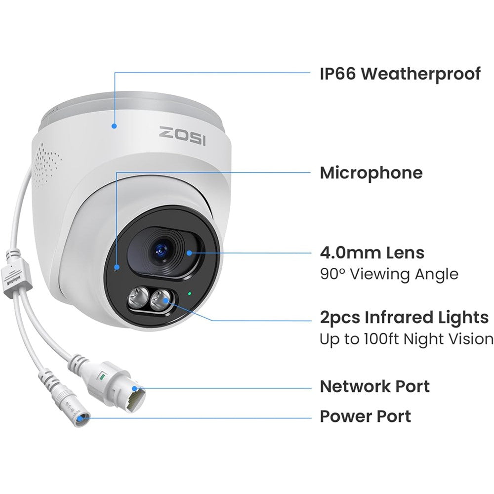 ZOSI C220 2 st 4K UHD 8MP PoE Tilläggs-IP-kamera AI Person-/Fordonsdetektering Tvåvägsljud Nattseende Säkerhetskamera