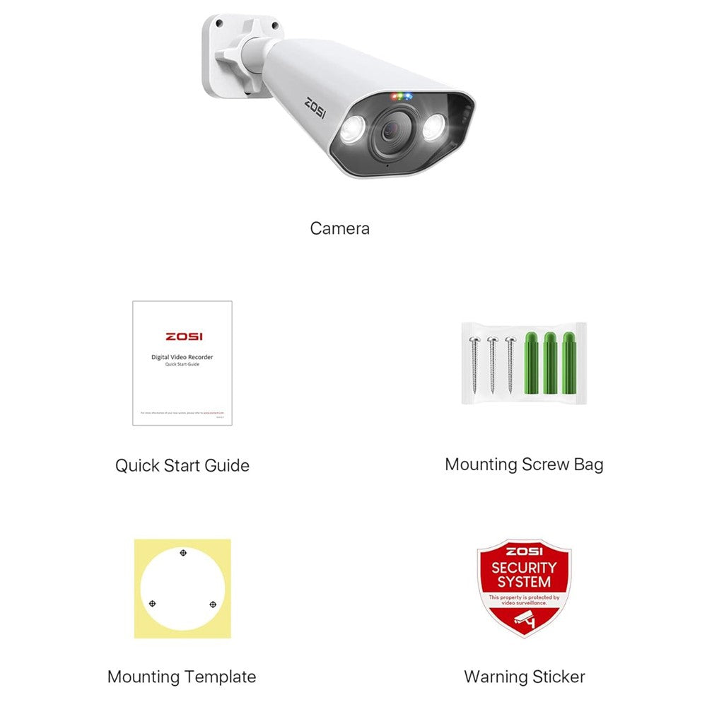 ZOSI 1Pc 4K PoE Add-on Camera 8MP AI Human Vehicle Detection Waterproof Color Night Vision Security Bullet Cam