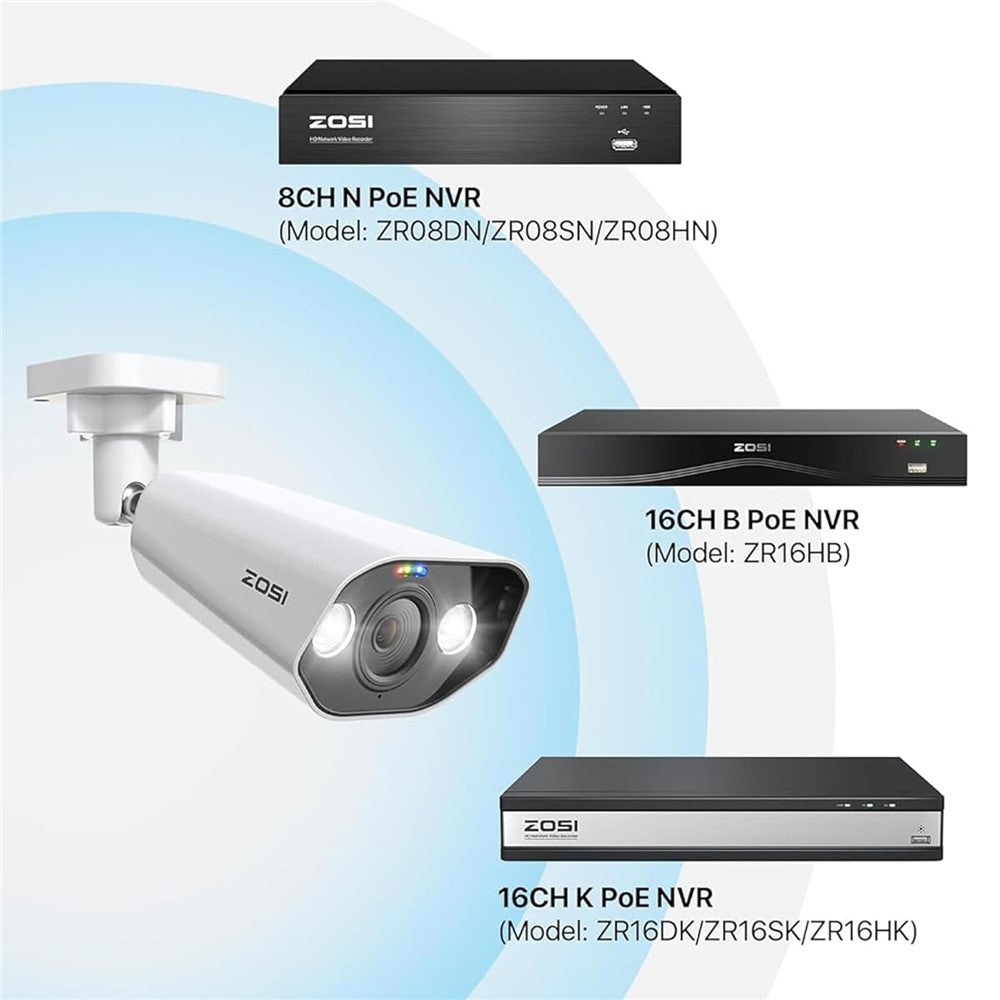 ZOSI 1Pc 4K PoE Add-on Camera 8MP AI Human Vehicle Detection Waterproof Color Night Vision Security Bullet Cam