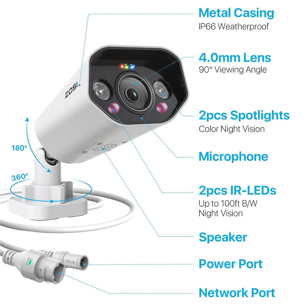 ZOSI 1Pc 4K PoE Add-on Camera 8MP AI Human Vehicle Detection Waterproof Color Night Vision Security Bullet Cam