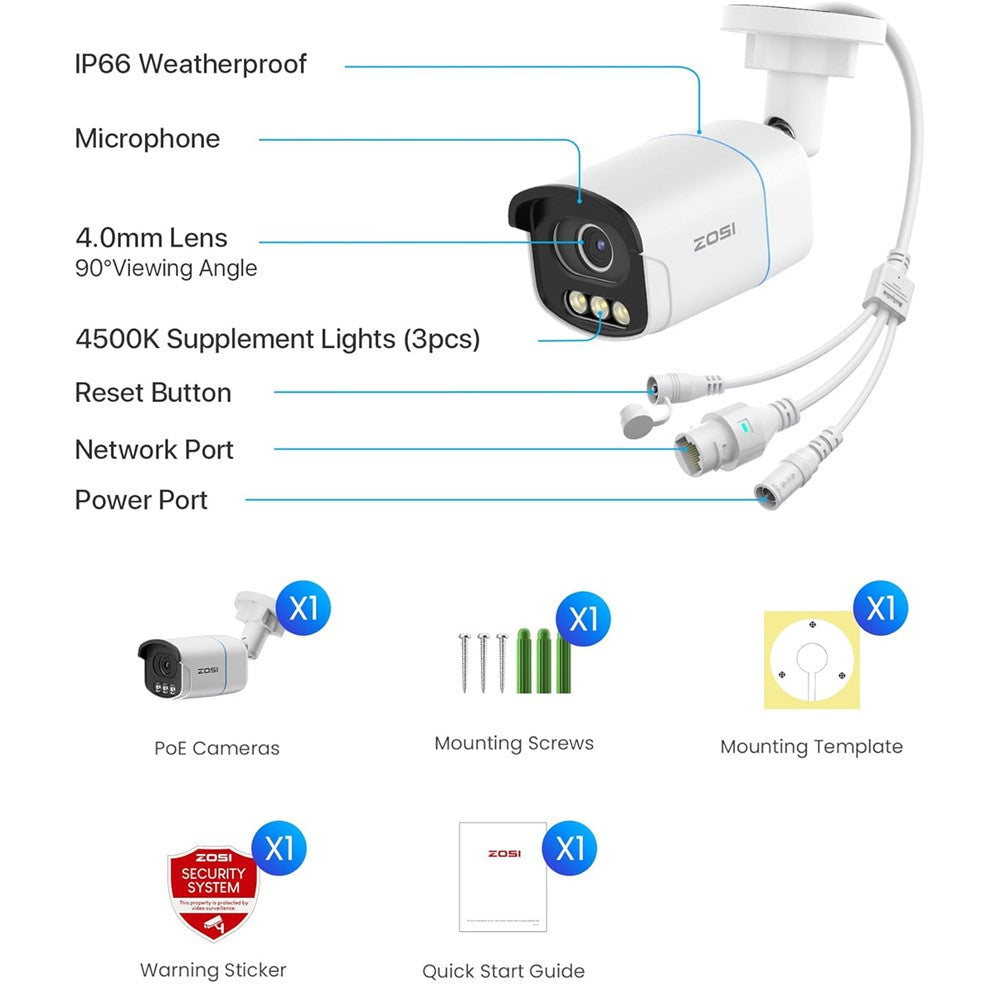 ZOSI C186 4K PoE-säkerhetskamera kompatibel med Zosi 4K PoE NVR Aurora Lux True Color Nattseende 8MP Utomhus Inomhus IP66 Vattentät AI Personfordonsdetektering Tvåvägsljud IP-kamera