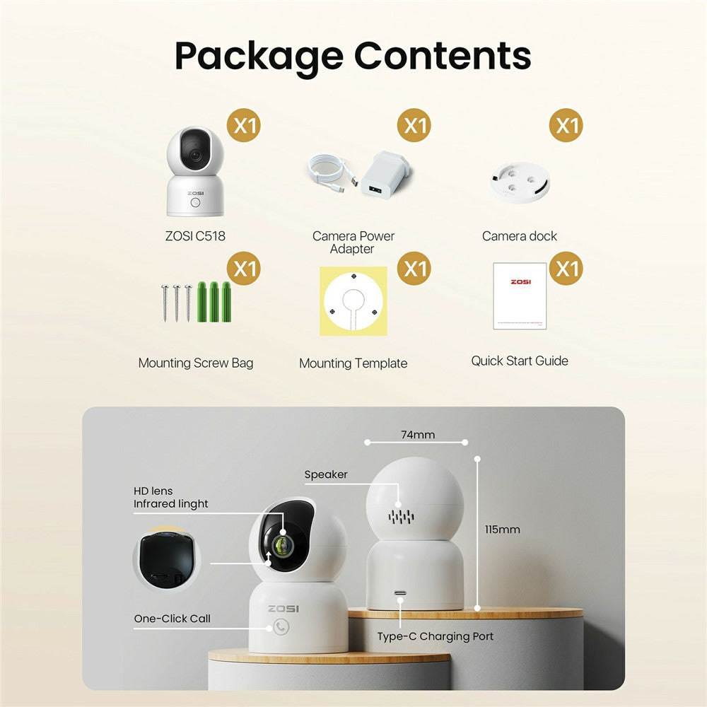 ZOSI C518 1080P Säkerhetskamera 2MP Inomhus WiFi Panorering Tilt AI Människodetektering Automatisk Spårning Nattseende Tvåvägs Audio Säkerhetskamera