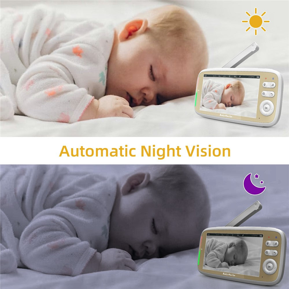 VB803 5-tums babyvakt med inbyggda vaggvisor, PTZ-rotation, HD-övervakningskamera för baby