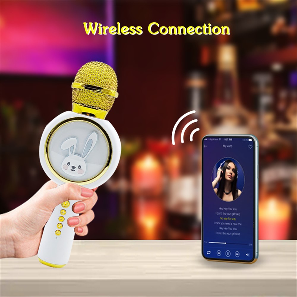 X6 Cute Rabbit Kids Microphone Voice Changing Bluetooth-compatible TWS Karaoke Mic, English Version