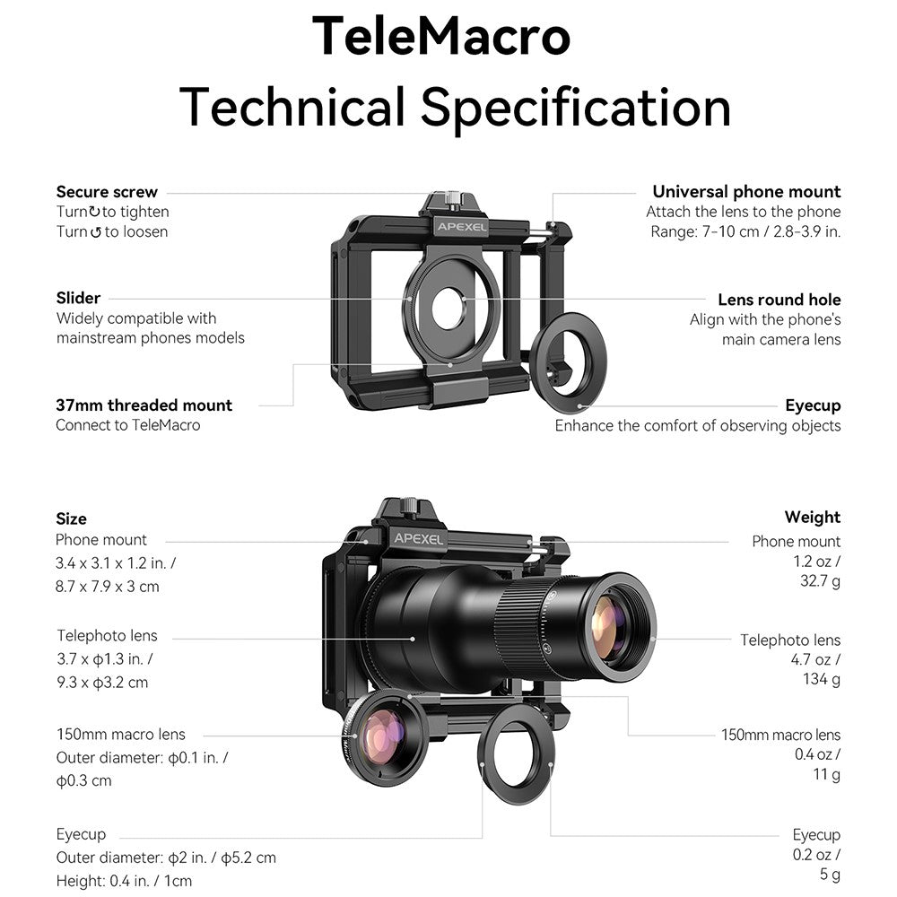 APEXEL APL-TM6 2-i-1-telefoto- och makroobjektiv, 6x teleskopobjektiv för smartphones