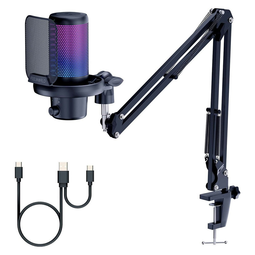 FEELWORLD VM1 USB Condenser Microphone Noise Cancellation PC Gaming Mic with Stand / RGB Light