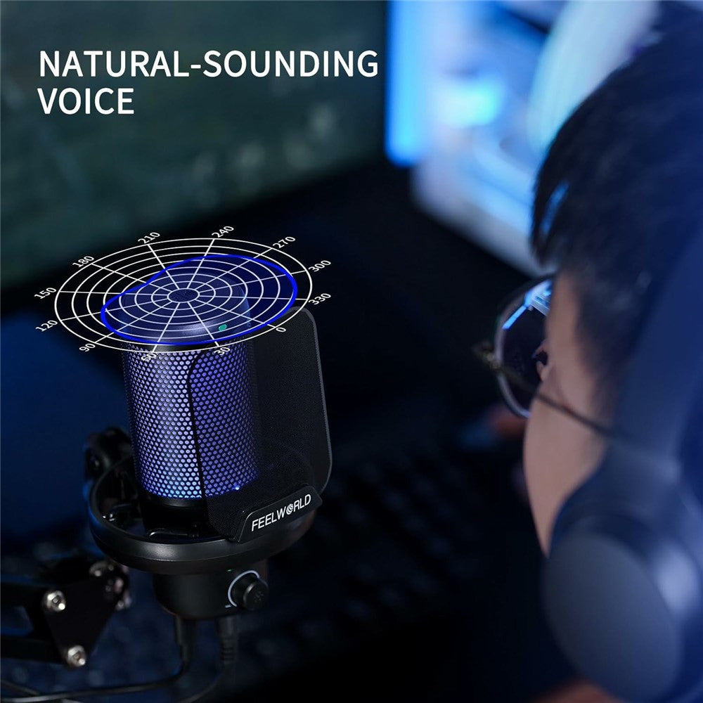 FEELWORLD VM1 USB Condenser Microphone Noise Cancellation PC Gaming Mic with Stand / RGB Light