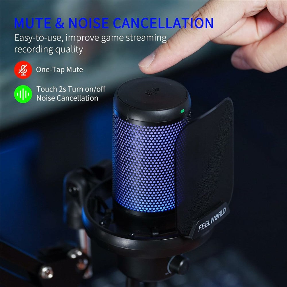 FEELWORLD VM1 USB Condenser Microphone Noise Cancellation PC Gaming Mic with Stand / RGB Light