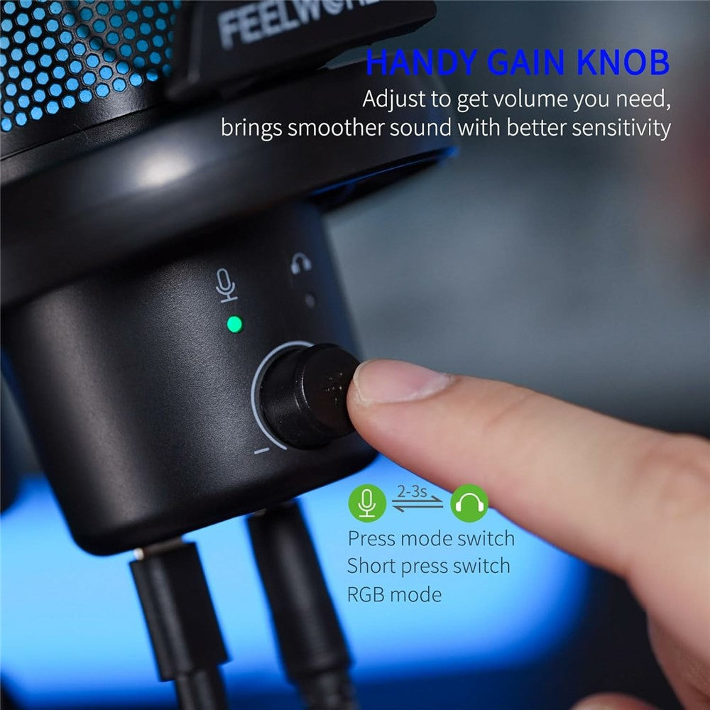 FEELWORLD VM1 USB Condenser Microphone Noise Cancellation PC Gaming Mic with Stand / RGB Light