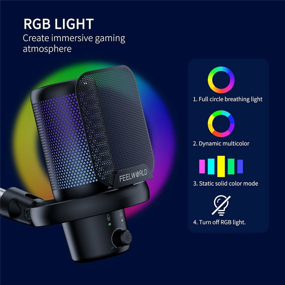 FEELWORLD VM1 USB Condenser Microphone Noise Cancellation PC Gaming Mic with Stand / RGB Light