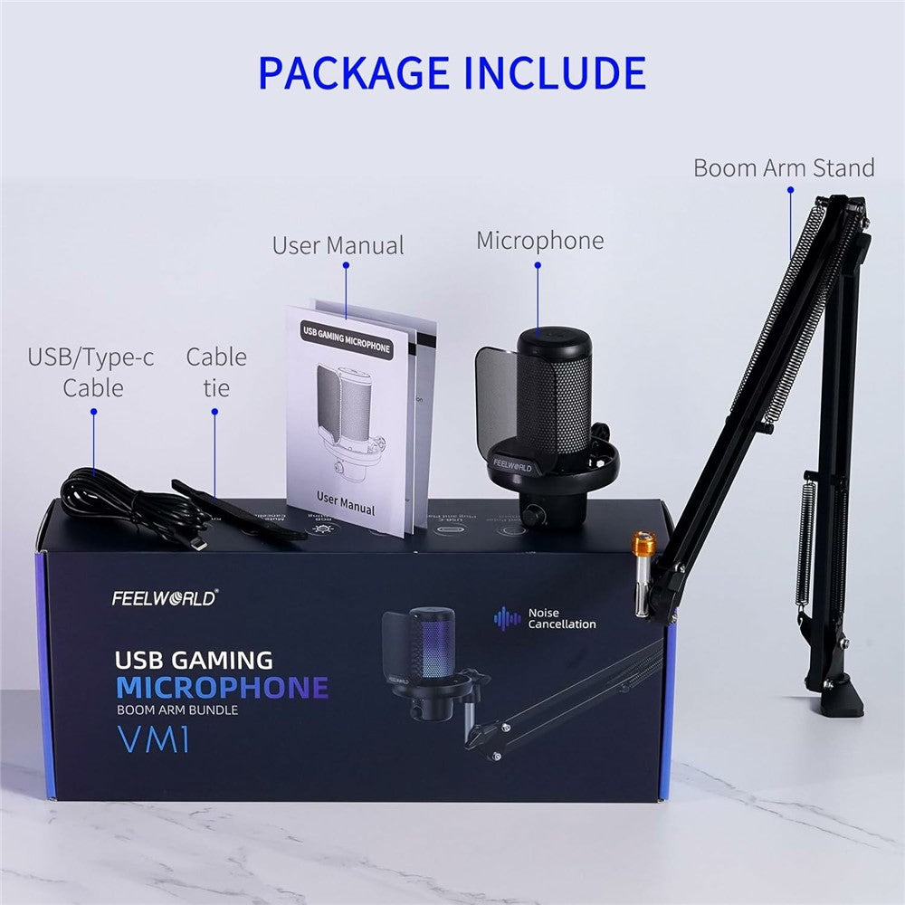 FEELWORLD VM1 USB Condenser Microphone Noise Cancellation PC Gaming Mic with Stand / RGB Light