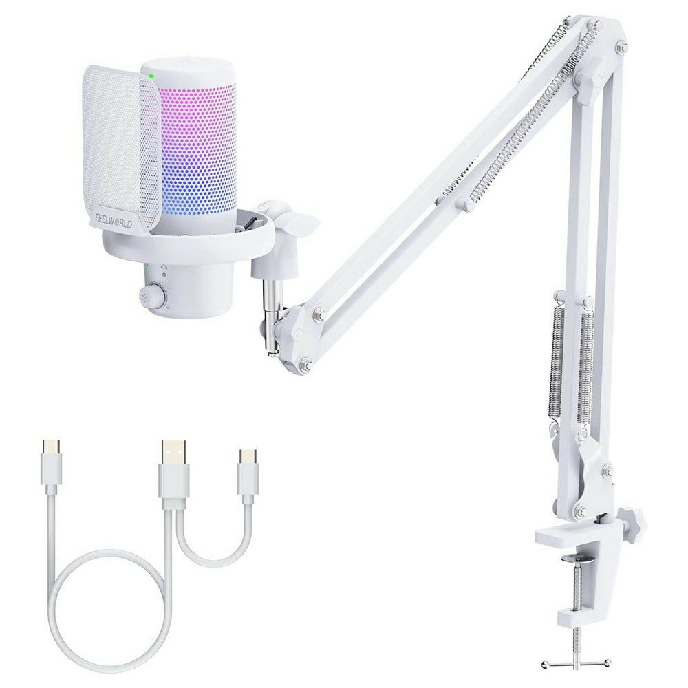 FEELWORLD VM1-AS-W USB Gaming Microphone Noise Reduction RGB Lighting Mic for Live Streaming