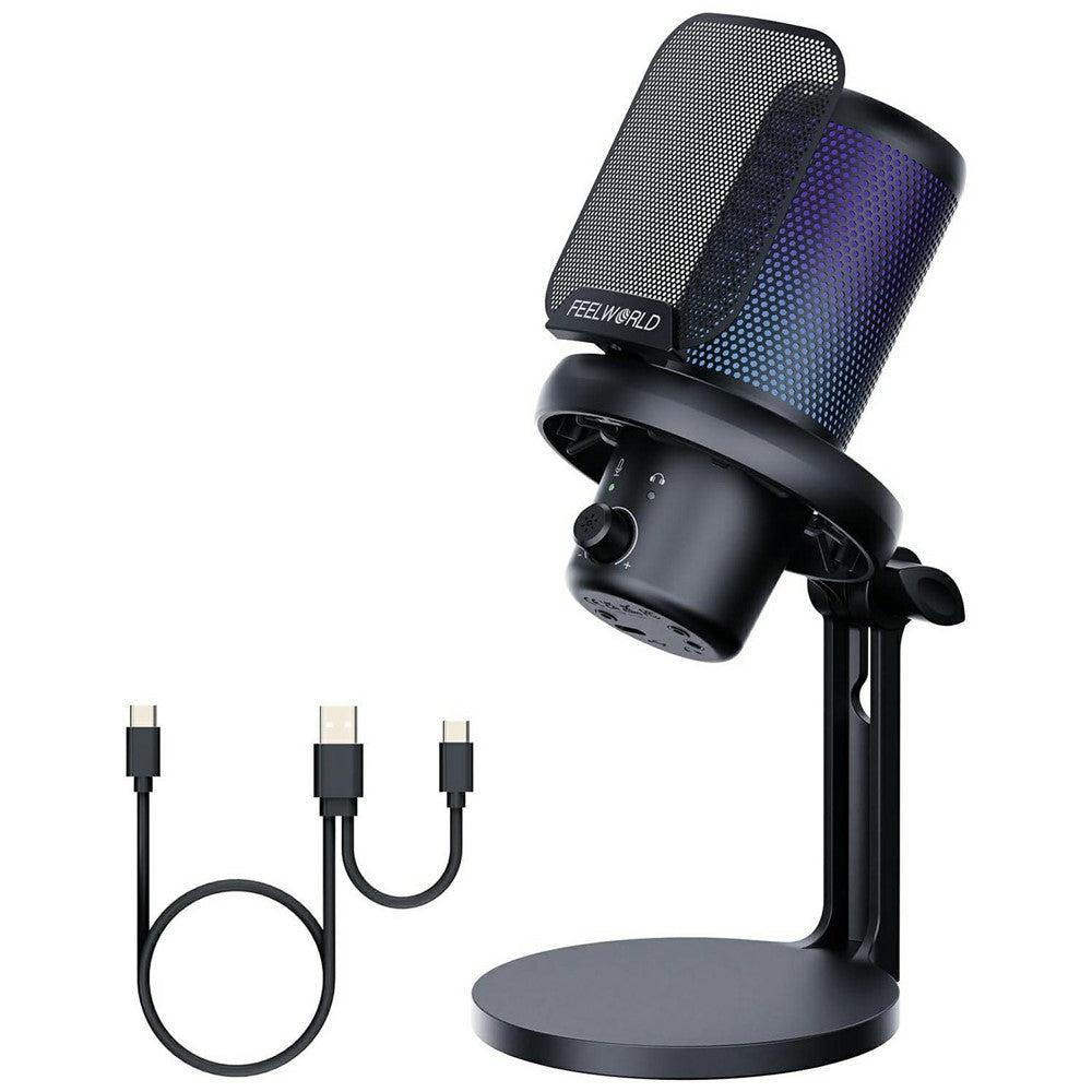 FEELWORLD VM1-XS USB Gaming Microphone Condenser Cardioid Pickup Mic with RGB Light Desktop Stand