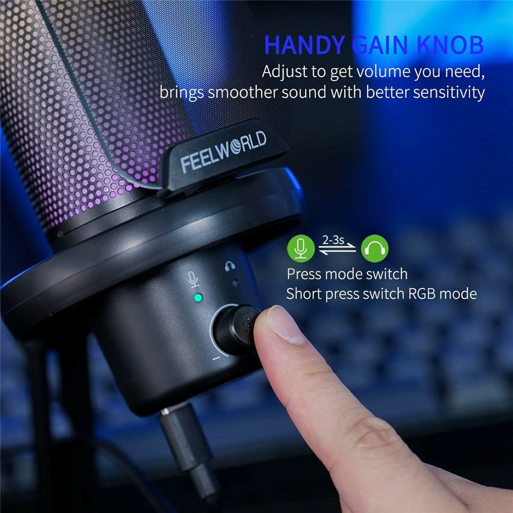 FEELWORLD VM1-XS USB-spelmikrofon med kondensator, kardioidpickup och RGB-ljus, bordsstativ