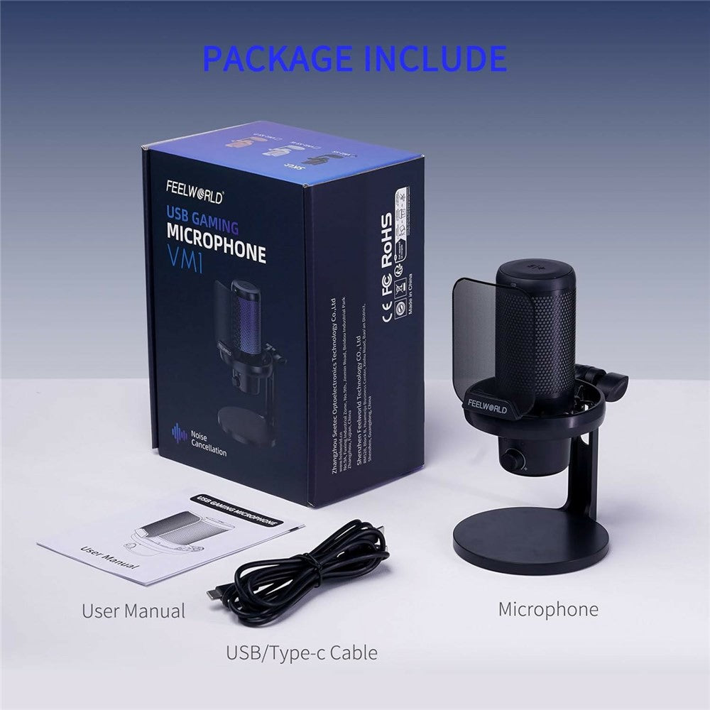 FEELWORLD VM1-XS USB Gaming Microphone Condenser Cardioid Pickup Mic with RGB Light Desktop Stand