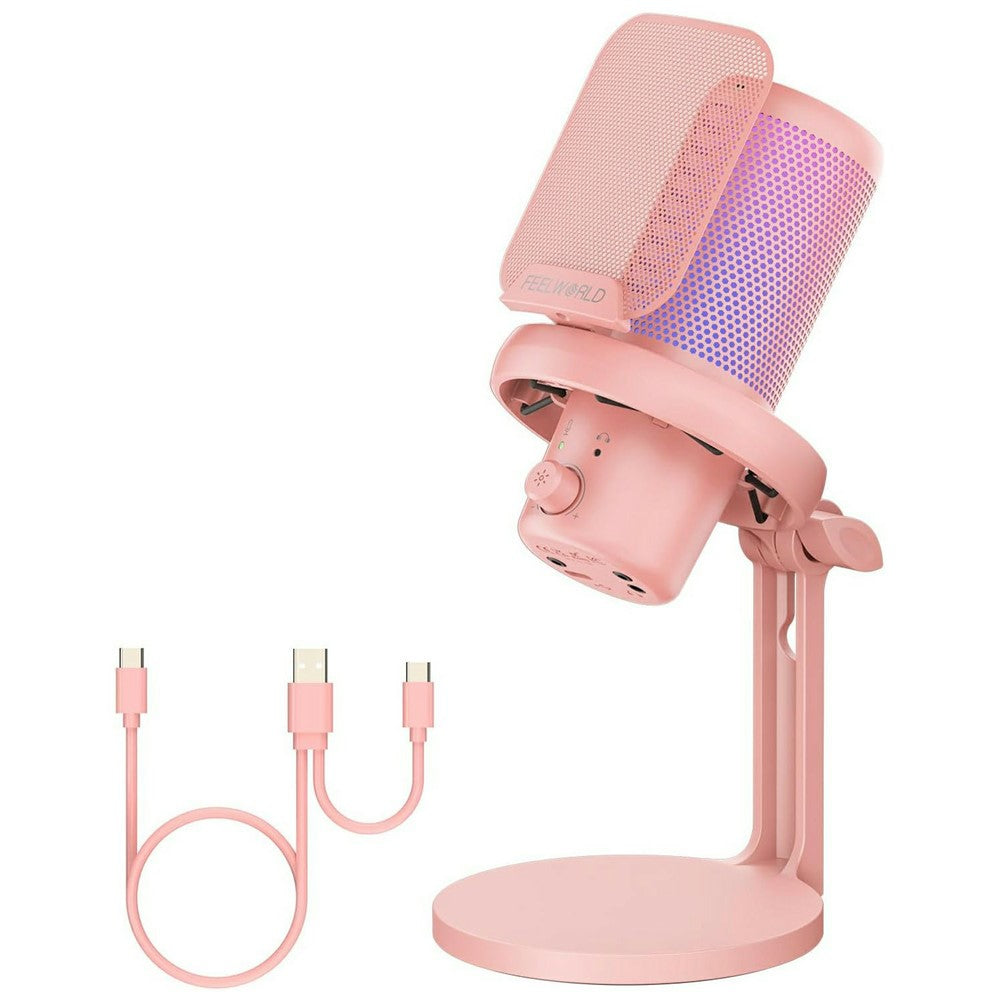 FEELWORLD VM1-XS-P USB Gaming Microphone One Touch Mute / Noise Cancellation RGB Light Cardioid Desktop Stand