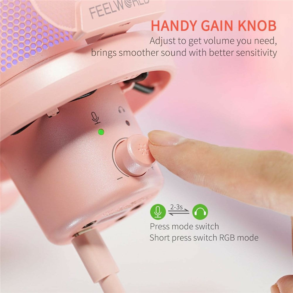 FEELWORLD VM1-XS-P USB Gaming Microphone One Touch Mute / Noise Cancellation RGB Light Cardioid Desktop Stand