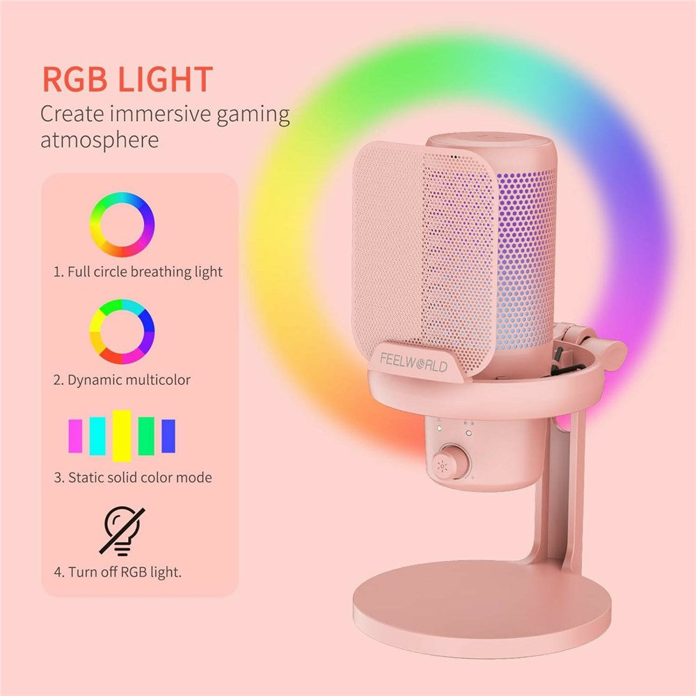 FEELWORLD VM1-XS-P USB Gaming Microphone One Touch Mute / Noise Cancellation RGB Light Cardioid Desktop Stand