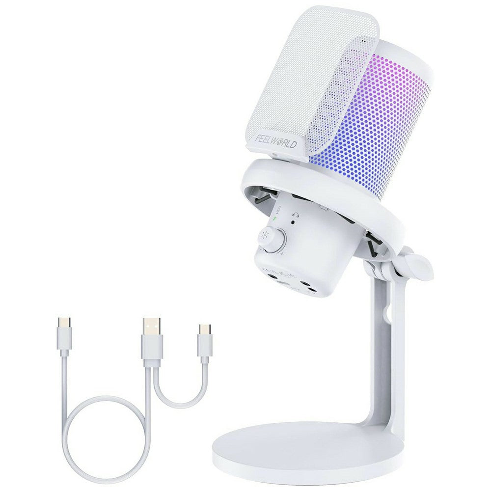FEELWORLD VM1-XS-W USB Gaming Microphone One Click Noise Cancellation Mute Cardioid RGB Light Desktop Stand
