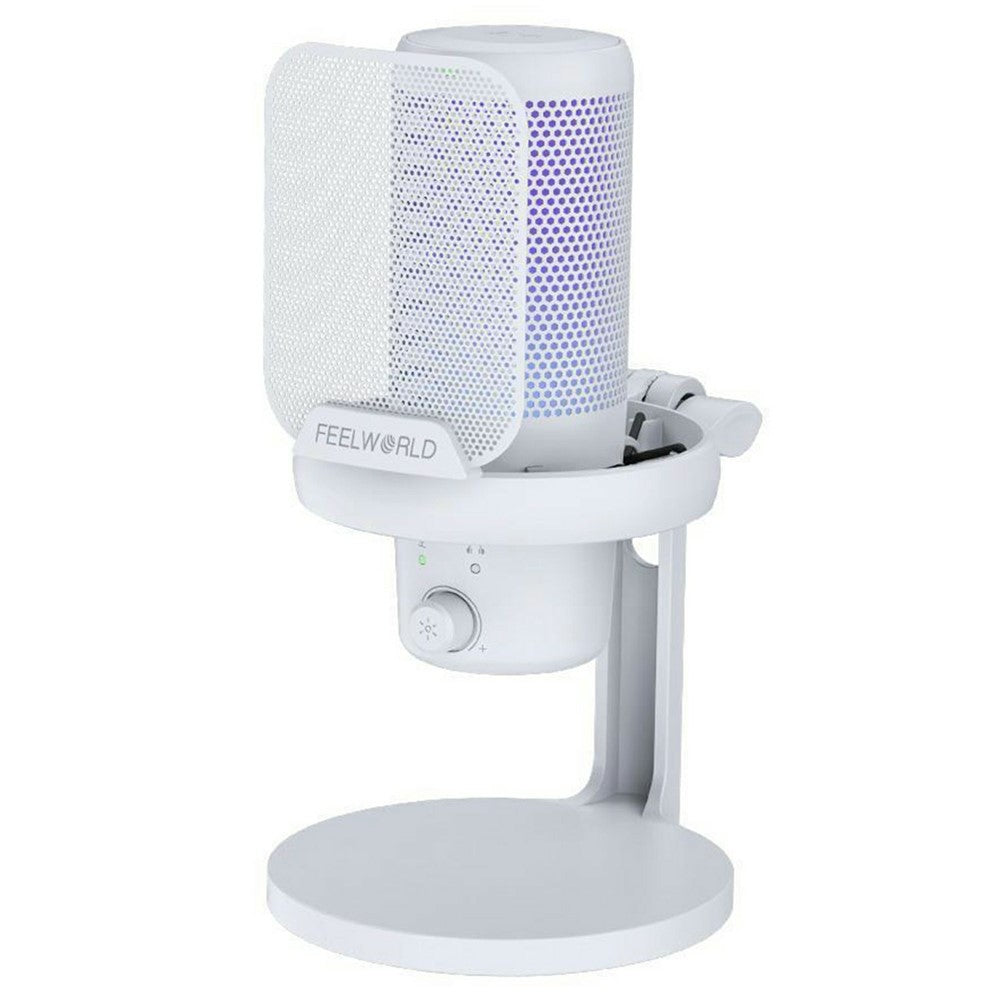 FEELWORLD VM1-XS-W USB Gaming Microphone One Click Noise Cancellation Mute Cardioid RGB Light Desktop Stand