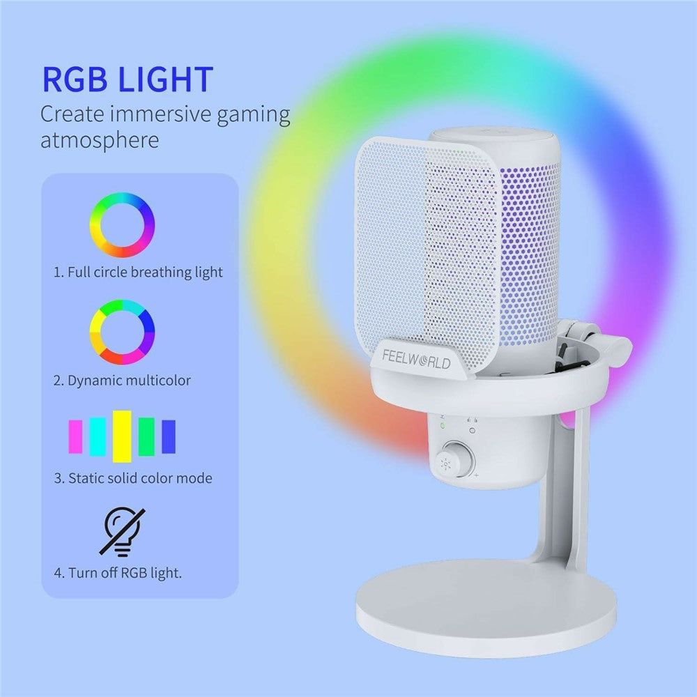 FEELWORLD VM1-XS-W USB Gaming Microphone One Click Noise Cancellation Mute Cardioid RGB Light Desktop Stand