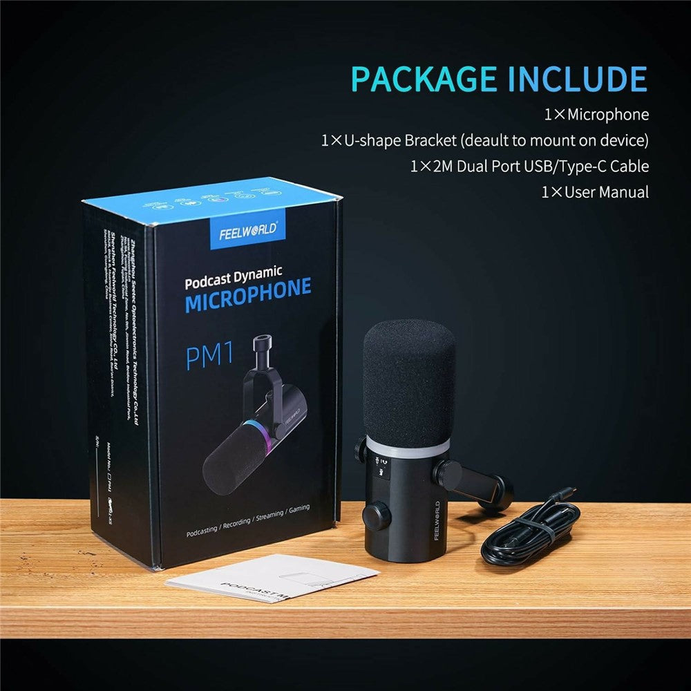 FEELWORLD PM1 Dynamic Microphone XLR / USB Podcast Gaming Streaming Recording Mic with RGB Lighting