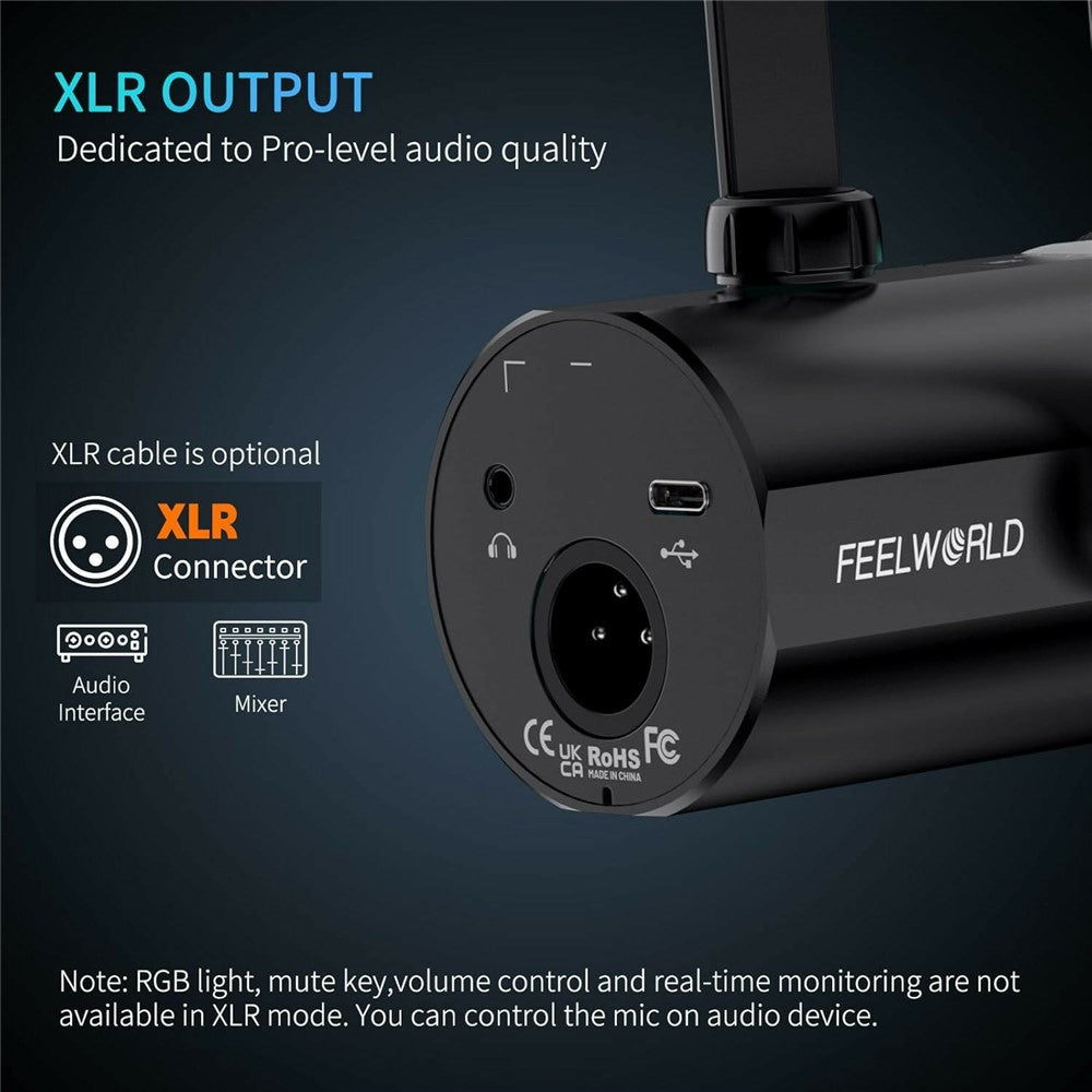 FEELWORLD PM1 Dynamic Microphone XLR / USB Podcast Gaming Streaming Recording Mic with RGB Lighting