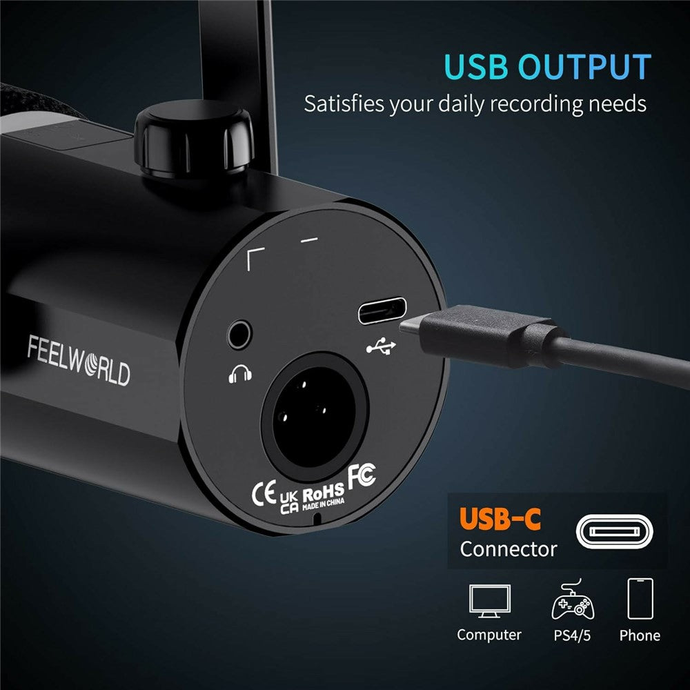FEELWORLD PM1 Dynamic Microphone XLR / USB Podcast Gaming Streaming Recording Mic with RGB Lighting