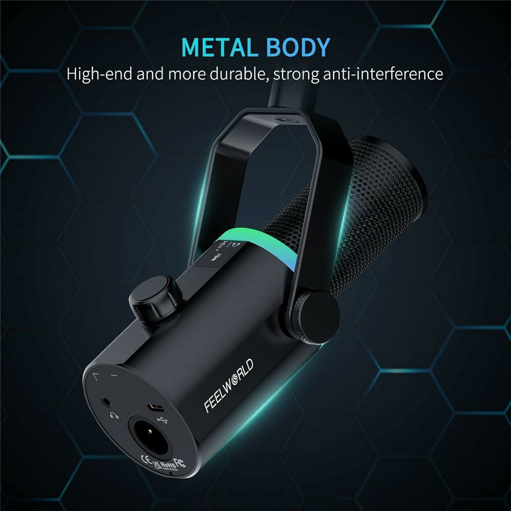 FEELWORLD PM1 Dynamic Microphone XLR / USB Podcast Gaming Streaming Recording Mic with RGB Lighting