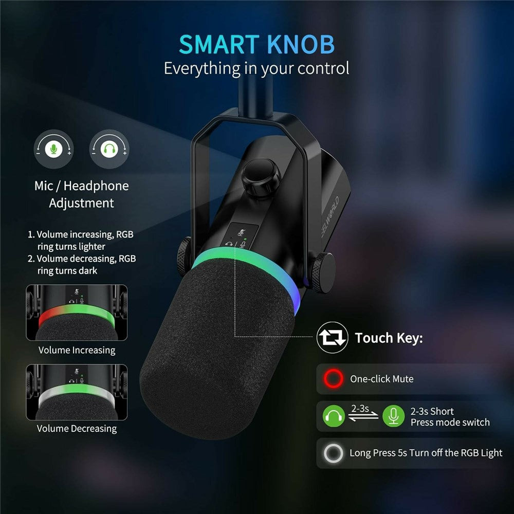 FEELWORLD PM1 Dynamic Microphone XLR / USB Podcast Gaming Streaming Recording Mic with RGB Lighting