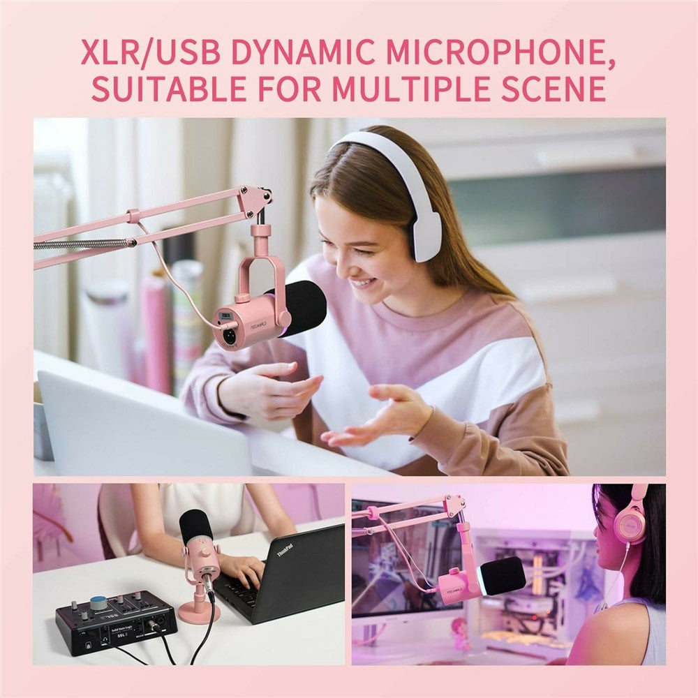 FEELWORLD PM1-P Dynamic Microphone XLR / USB Podcast Gaming Streaming Recording Mic with RGB Lighting