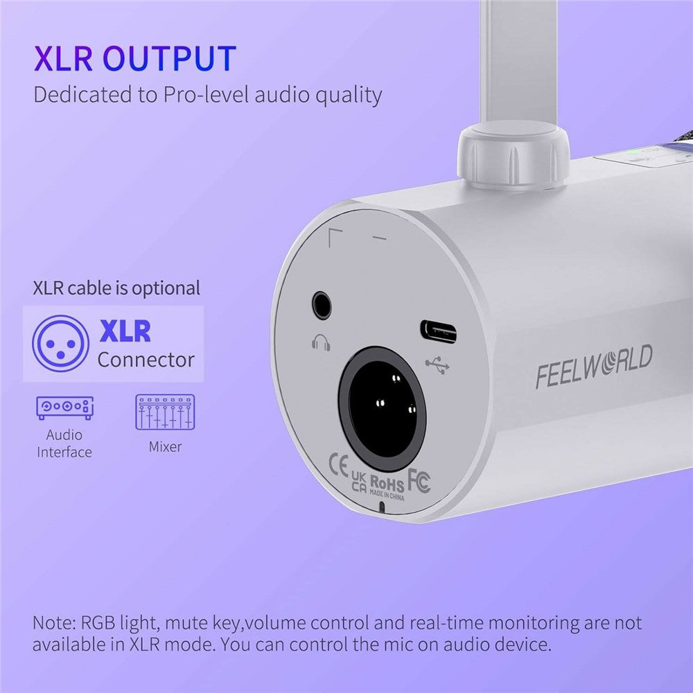 FEELWORLD PM1-W Dynamic Microphone XLR / USB Podcast Gaming Streaming Recording Mic with RGB Lighting