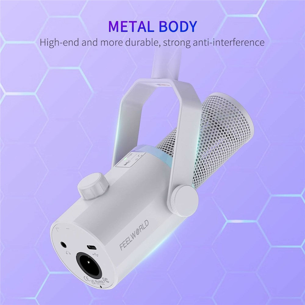 FEELWORLD PM1-W Dynamic Microphone XLR / USB Podcast Gaming Streaming Recording Mic with RGB Lighting