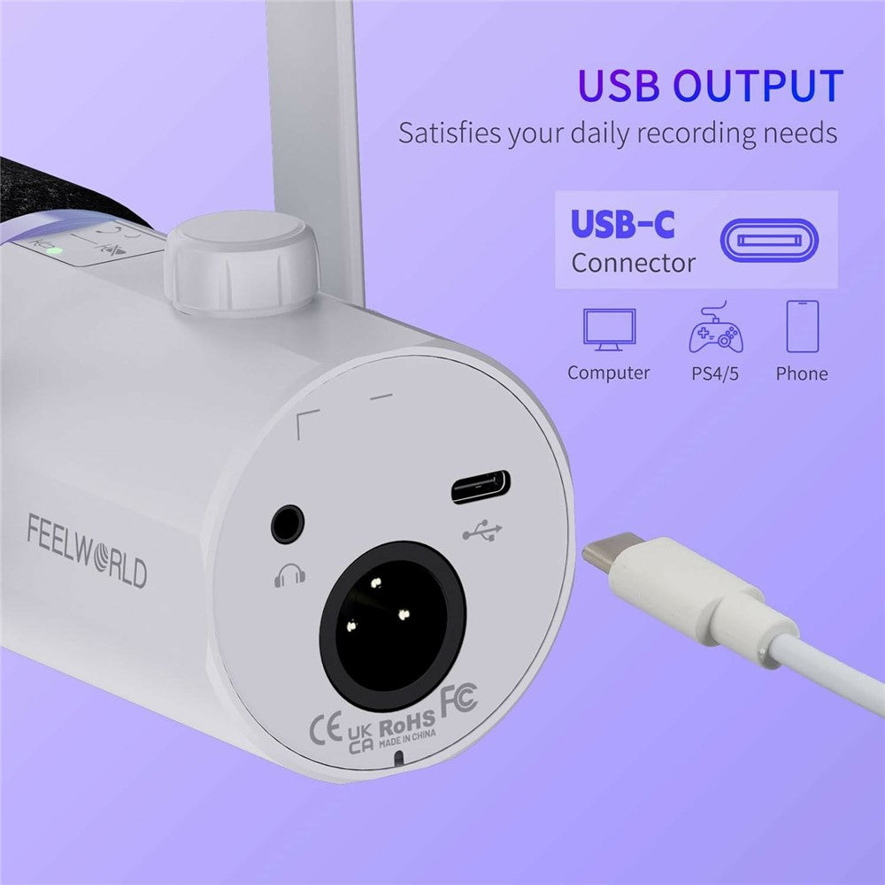 FEELWORLD PM1-W Dynamic Microphone XLR / USB Podcast Gaming Streaming Recording Mic with RGB Lighting