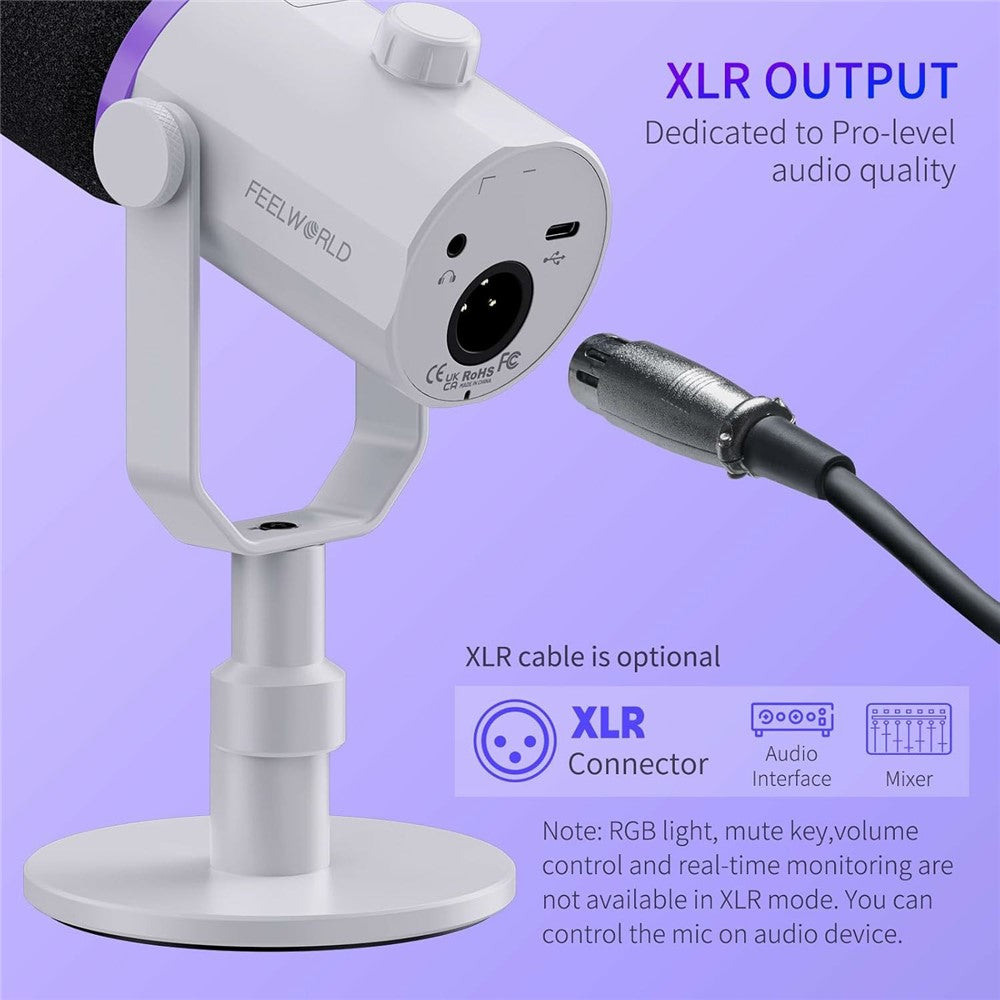 FEELWORLD PM1-XS-W XLR  /  USB Dual Output Desktop Mic for Recording  /  Gaming  /  Streaming Professional Dynamic Microphone