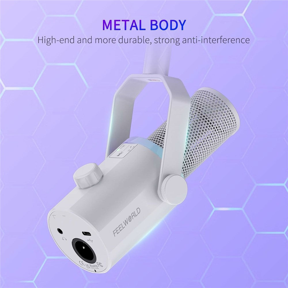 FEELWORLD PM1-XS-W XLR  /  USB Dual Output Desktop Mic for Recording  /  Gaming  /  Streaming Professional Dynamic Microphone