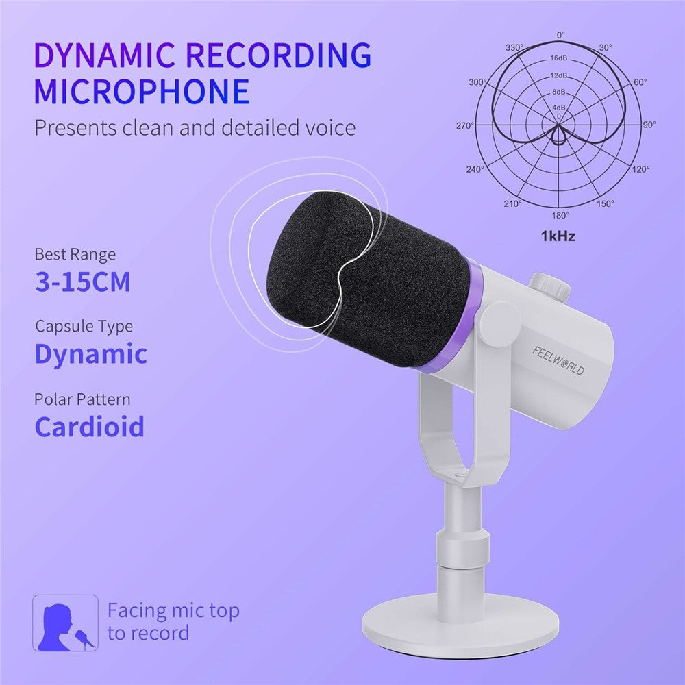 FEELWORLD PM1-XS-W XLR  /  USB Dual Output Desktop Mic for Recording  /  Gaming  /  Streaming Professional Dynamic Microphone