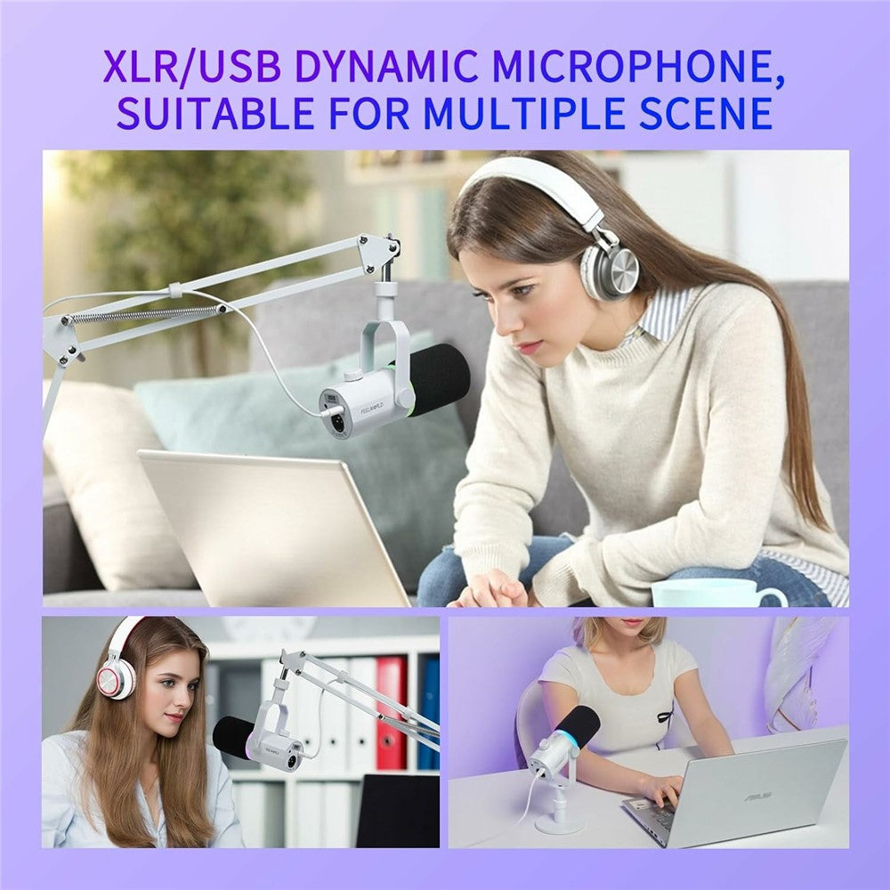 FEELWORLD PM1-XS-W XLR  /  USB Dual Output Desktop Mic for Recording  /  Gaming  /  Streaming Professional Dynamic Microphone