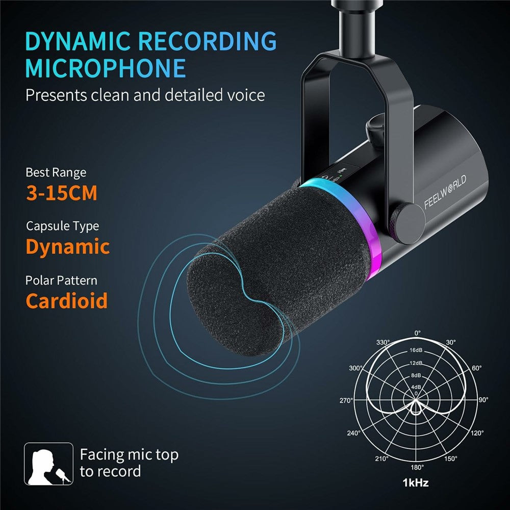 FEELWORLD PM1-AS Dynamic Microphone with Boom Arm Stand XLR / USB Dual Output for Podcast Recording / Gaming / Live Streaming