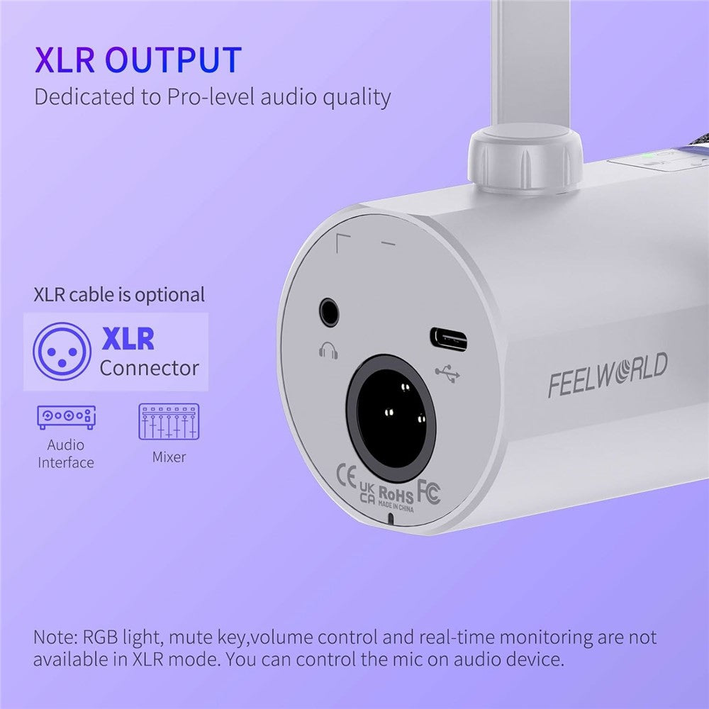 FEELWORLD PM1-AS-W Dynamisk Mikrofon med Mikrofonarmstativ XLR / USB Dobbelt Output til Podcastoptagelse / Gaming / Livestreaming