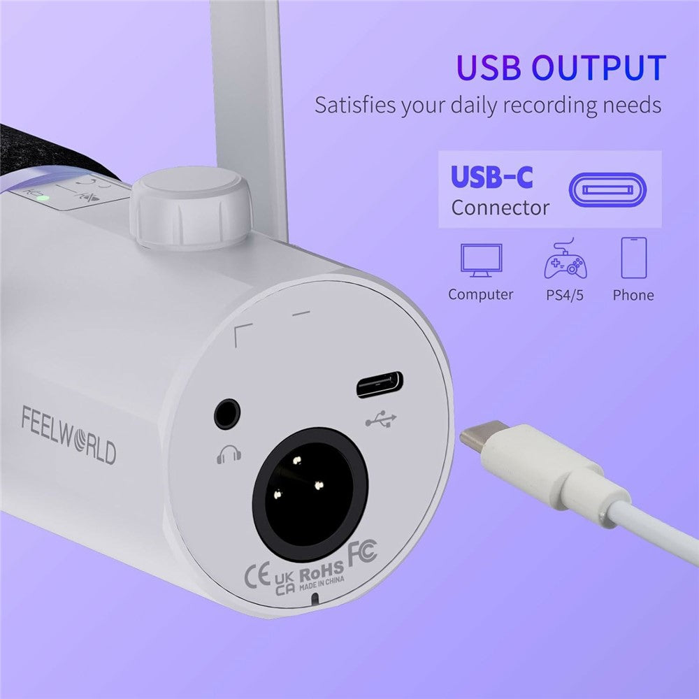 FEELWORLD PM1-AS-W Dynamisk Mikrofon med Mikrofonarmstativ XLR / USB Dobbelt Output til Podcastoptagelse / Gaming / Livestreaming