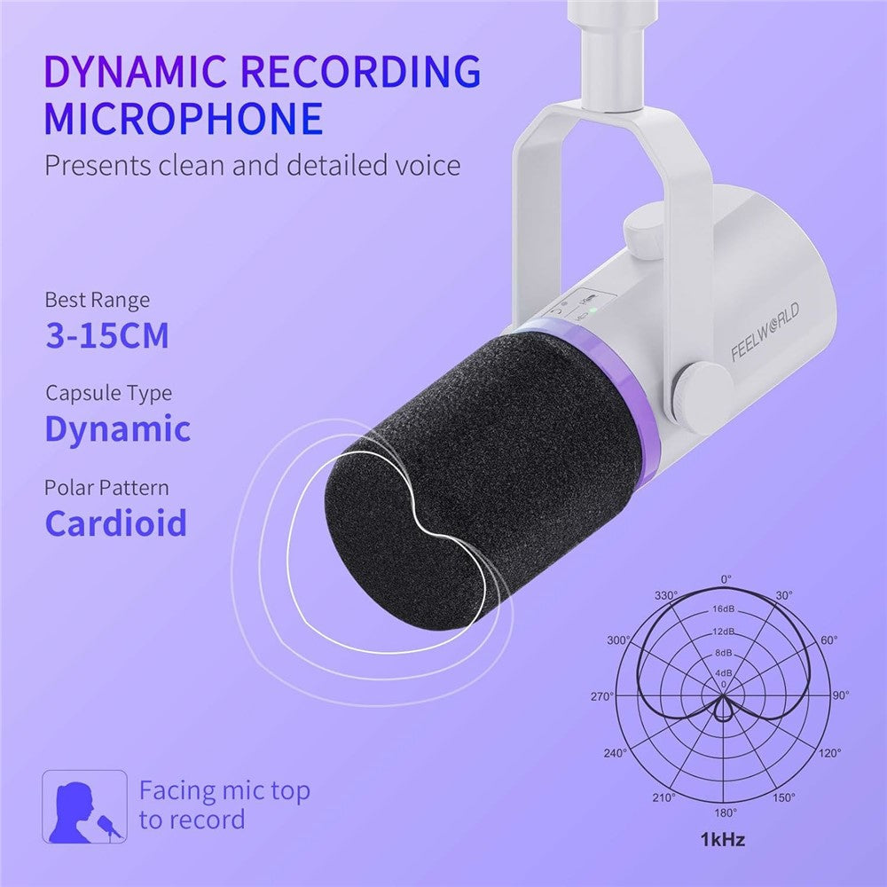 FEELWORLD PM1-AS-W Dynamisk Mikrofon med Mikrofonarmstativ XLR / USB Dobbelt Output til Podcastoptagelse / Gaming / Livestreaming
