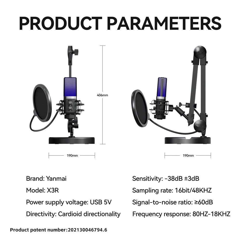 YANMAI X3R RGB Lighting Desktop Microphone Noise Cancelling Capacitor Microphone for Live Streaming / Recording