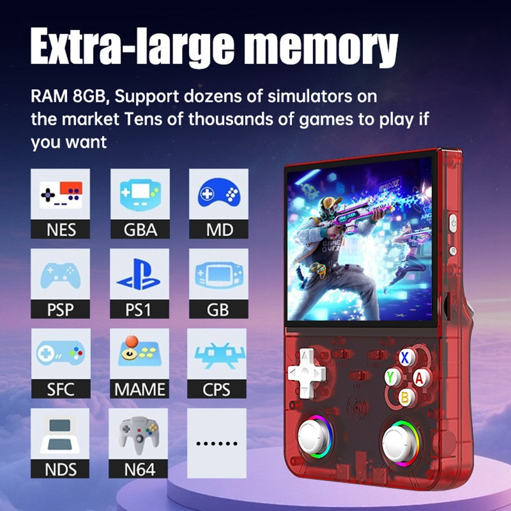 R36ultra X Håndholdt Spillekonsol med 50 GB TF-kort, Dobbelte 3D Joysticks, 4,5 Tommer IPS-skærm, Gamepad med RGB-lys