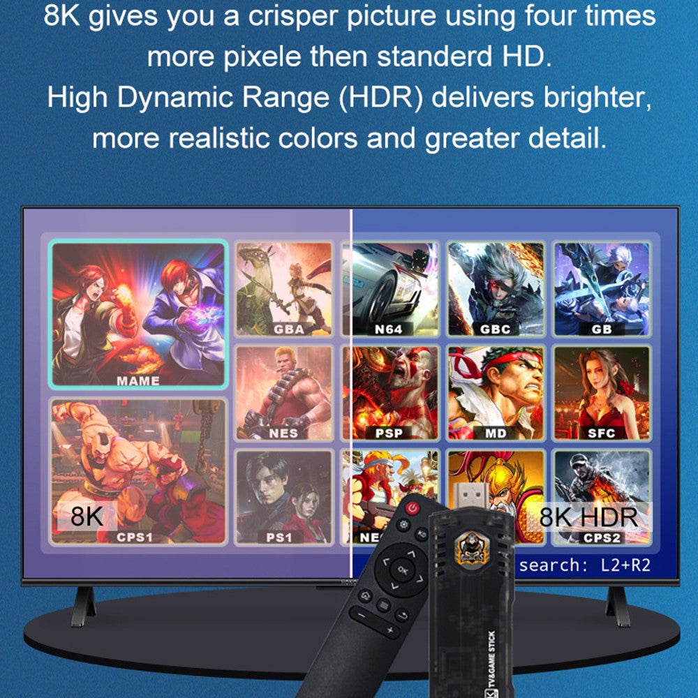 X8 64GB Dual System TV Game Stick Retro Gaming Console with 8K Output and 2.4G Wireless Controllers