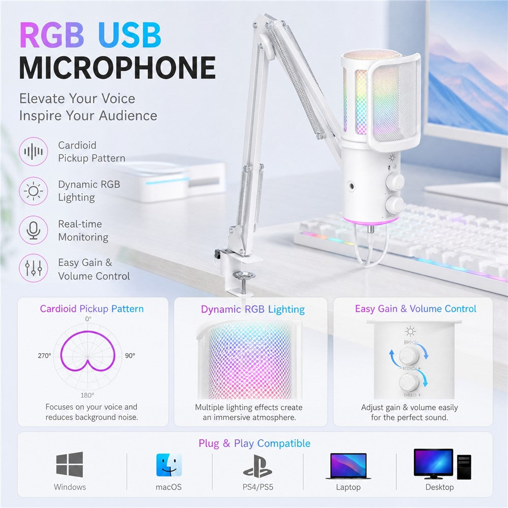 ONIKUMA M530 USB Condenser Microphone RGB Gaming Mic with Noise Reduction for Streaming
