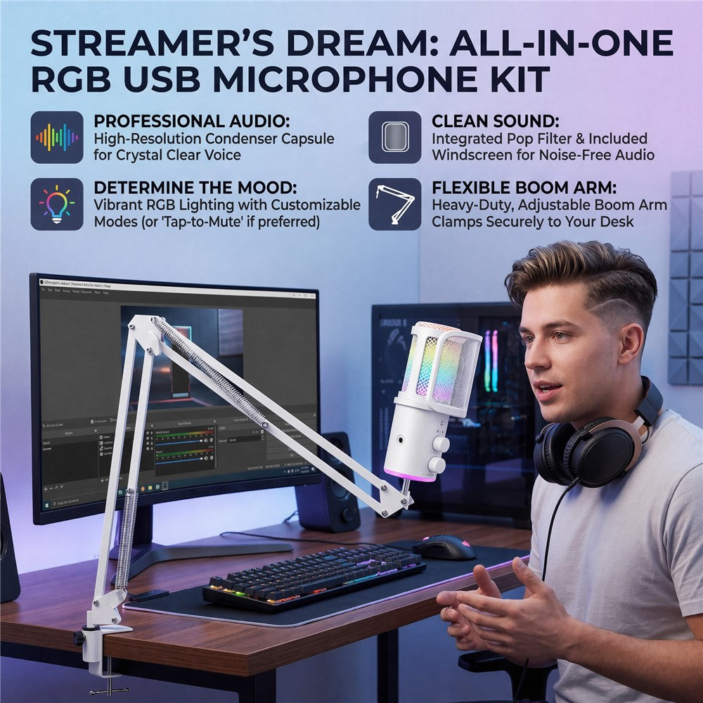 ONIKUMA M530 USB Condenser Microphone RGB Gaming Mic with Noise Reduction for Streaming